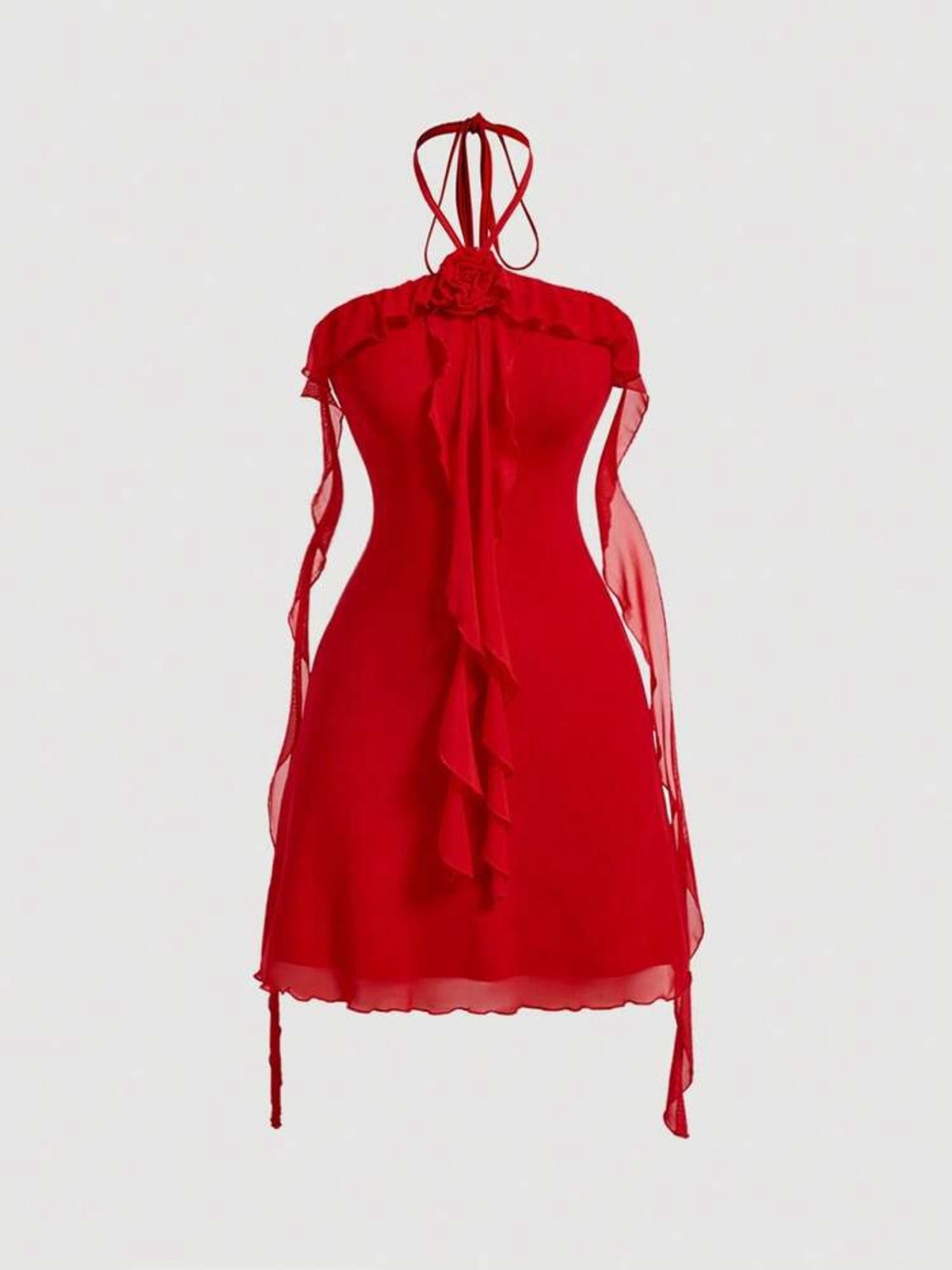 SHEIN Red Rose Halter Dress Ruffle Hem